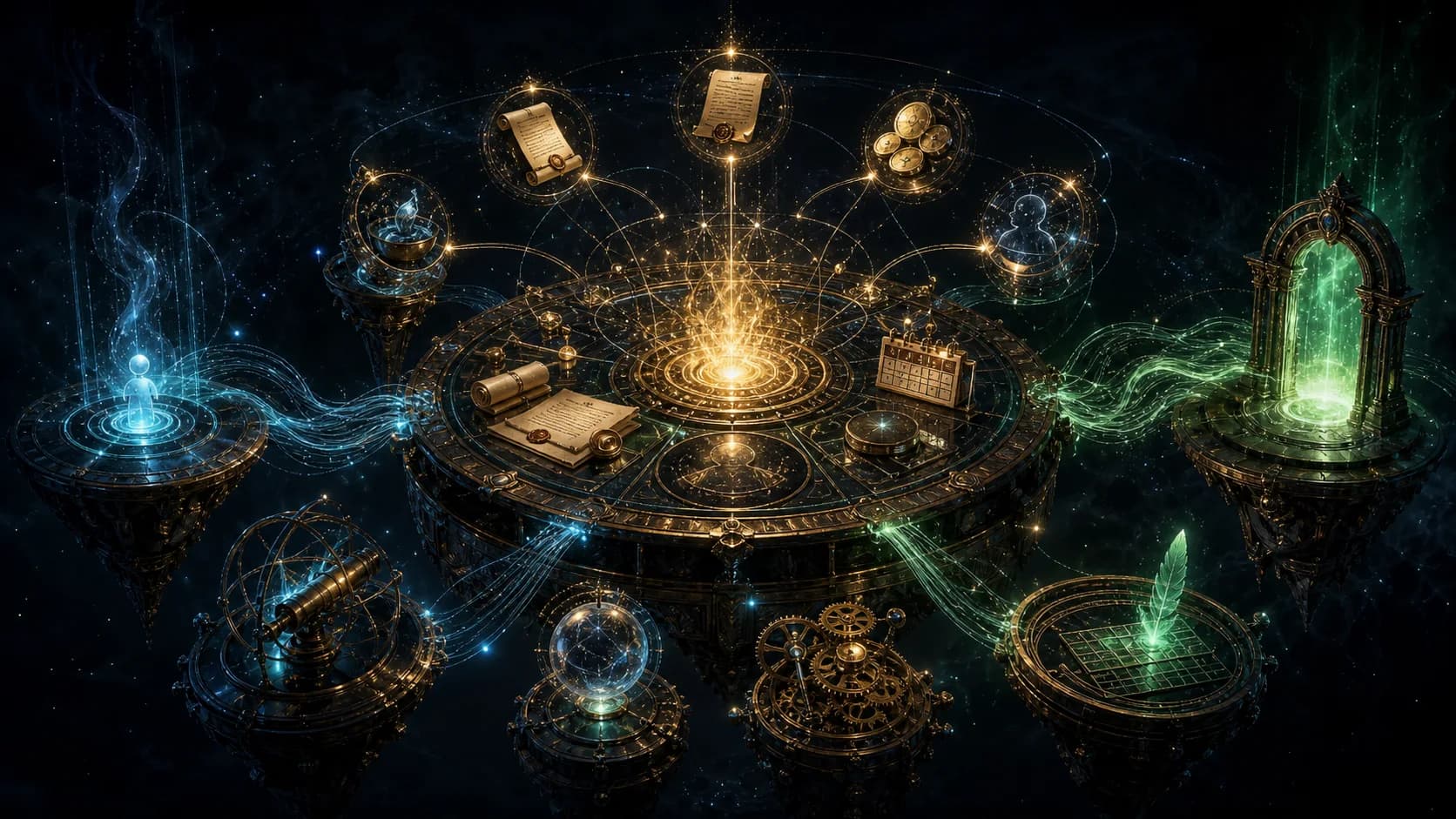 A mystical revenue command center connecting leads, quotes, contracts, payments, and events