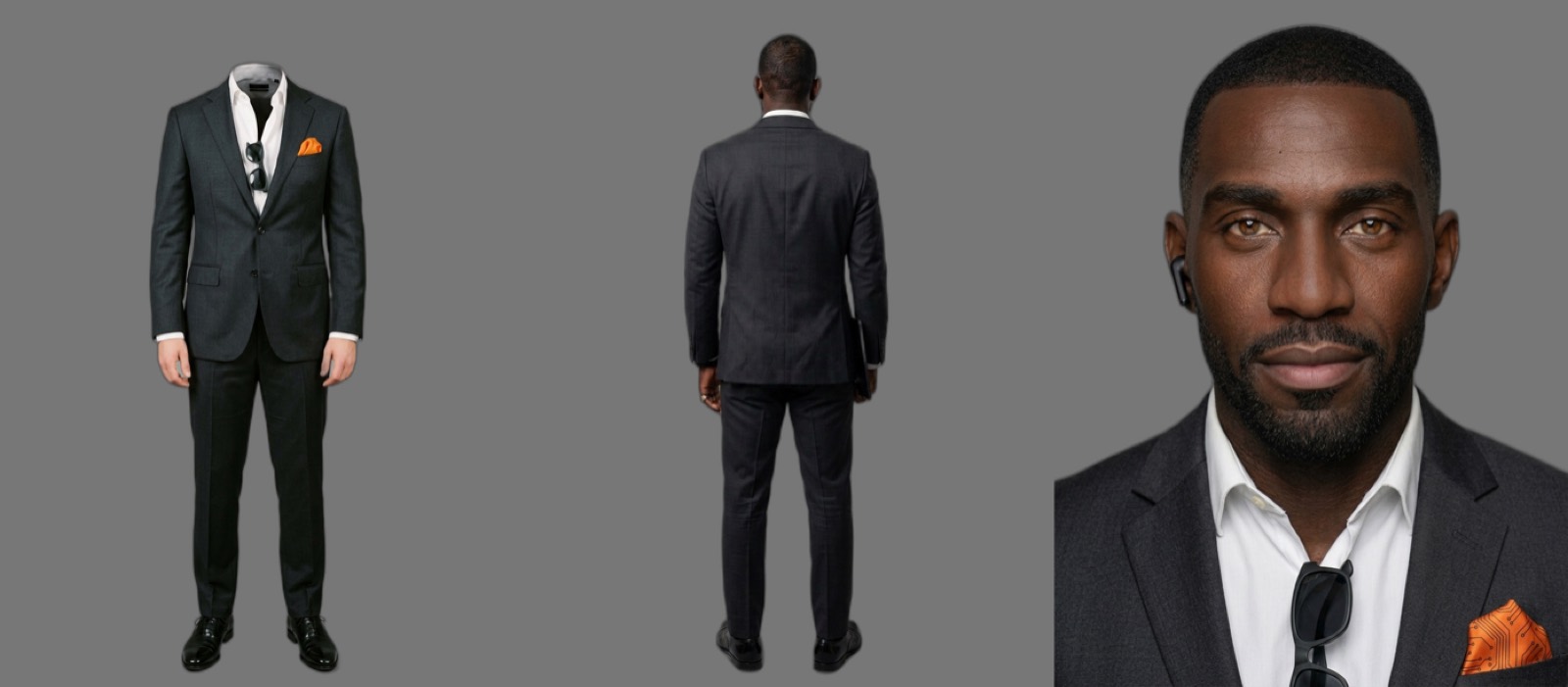Three panel character sheet: headless front, rear, tight face lock