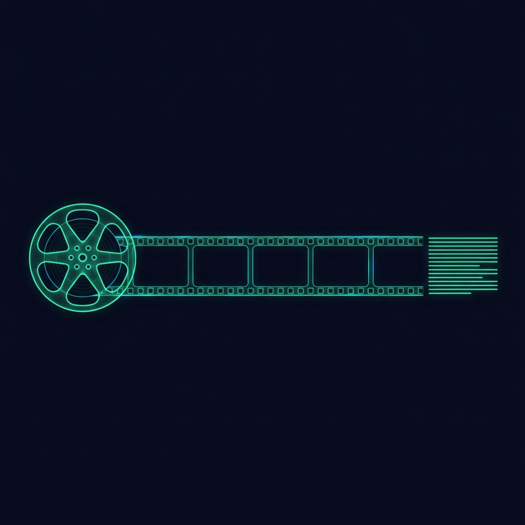 A glowing film reel unspooling into lines of document text