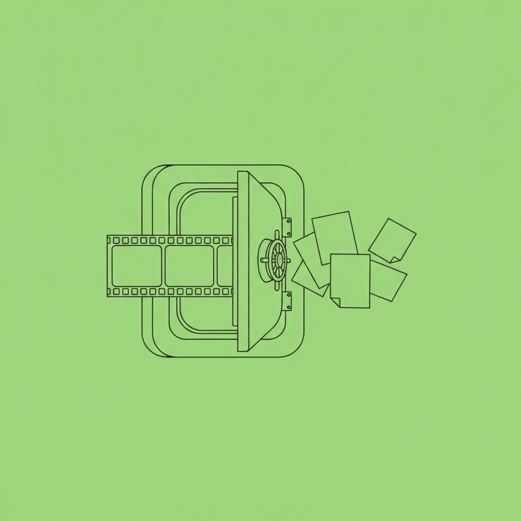 A film strip passing through an open vault door, its frames becoming documents